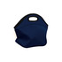 A navy blue neoprene lunch bag with a curved design and two handles. The bag features a logo.