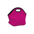 A vibrant pink neoprene lunch bag with a black trim and handles. Features a sleek, soft design.