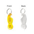 A drink bottle opener keyring in yellow and silver, featuring a logo and a distinctive custom shape.