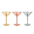 A set of three stainless steel martini goblets in gold, rose gold, and silver with a sleek design and a base.