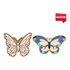 Two vibrant metal butterfly clips, one in pink and gold, the other in blue and cream, featuring a logo.