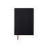 A black PU leather notebook with a textured surface and a brown ribbon bookmark. It features a logo on the cover.