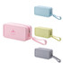 A silicone square cosmetic bag in pink, blue, green, and grey, featuring a zip closure and a wrist strap.