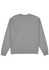 A grey men's crew sweatshirt featuring a classic design with long sleeves and a ribbed hem. It has a branding logo.