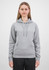 A grey women's hoodie featuring a front pocket and a drawstring hood, displayed on a model.