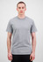 A grey short sleeve tee displayed on a model standing against a neutral background. The shirt has a logo.