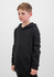 A black hoodie for youth with a front pocket and a hood, featuring a logo.
