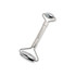 A stainless steel facial roller with a sleek, silver design and dual rolling ends. It has a logo on the handle.