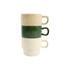 Stackable ceramic mugs in beige, green, and off-white, arranged in a neat stack. The mugs have handles and a smooth finish.