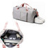 A foldable sports duffle bag in grey with pink straps, featuring multiple pockets and compartments for storage.