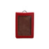 A red PU leather ID card holder with a clear window for displaying identification. It features a loop for attachment.