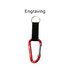 A red carabiner keychain with a black strap, featuring a logo and a keyring attachment.