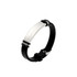 An engraved bracelet with a silver metal centre and black rubber band, featuring a sleek design and logo.