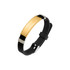 A black silicone bracelet with a shiny gold metal plate and silver accents. It features a logo on the plate.