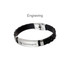 A black and silver stainless steel buckle latch bracelet with a sleek design and engraved details.
