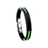 A black and green silicone bracelet featuring a sleek design and a silver clasp, with a branding logo.