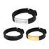 Three engraved stainless steel bracelets in black, featuring different styles and finishes, with one having a gold accent.