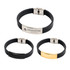 A multi-layer leather bracelet in black, featuring silver and gold metal accents, with an attached logo.