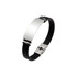 An engraved leather bracelet featuring a polished metal plate and a textured black band.