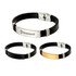 A custom leather bracelet featuring a metal clasp and a centre plate, available in black, silver, and gold finishes.