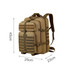 A tactical backpack in tan with multiple straps and compartments, measuring 45cm x 25cm x 23cm. Features a logo.