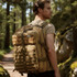 A tactical backpack in khaki worn by a man, surrounded by trees and natural greenery on a forest path.
