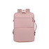A pink expandable travel backpack with multiple zippered compartments and adjustable straps. It features a logo on the front.