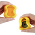 A yellow silicone dog poop bag dispenser shaped like a bone, being held in two hands.
