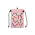 A pink pouch with a drawstring closure, featuring colourful golf tees in various hues and a logo.