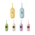 An eco-friendly pet wastebag dispenser is displayed in yellow, blue, green, and pink, featuring a logo on some.