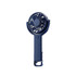 A navy handheld fan with a 180° adjustable angle and a circular fan blade design, featuring a logo on the handle.