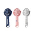 A handheld fan set in navy blue, pink, and white, featuring a hook for easy attachment. Includes a logo.