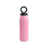 A drink bottle in pink stainless steel with a black magnetic phone holder on the cap and a logo.