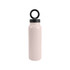 A drink bottle in a soft pink colour with a black screw-on lid and a circular handle. It features a logo.