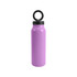 A drink bottle in vibrant purple with a black lid and a circular ring for easy carrying.