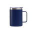 A stainless steel cup with handle in navy blue, featuring a clear lid and a sleek design. It's unbranded.