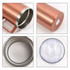 A stainless steel cup with a handle in a copper finish, featuring a transparent lid and a smooth interior.