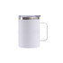 A stainless steel cup with a white exterior, clear lid, and handle, available in various sizes.