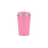 A stainless steel coffee mug in pink with a silver rim and a secure lid.