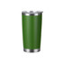 A drink bottle with a stainless steel double wall and a green exterior, featuring a clear lid and a metallic base.