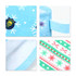 A light blue Christmas stocking featuring snowflakes, decorative patterns in green and red, and a logo.