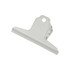 A grey metal binder clip with a round hole for attachment, featuring a smooth finish and a sturdy design.