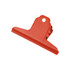 A red metal binder clip with a rounded top and a hole for hanging. Features a branding logo.
