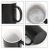 A black mug with a white interior and a smooth handle, featuring a logo on the body.