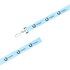 A light blue lanyard featuring a logo and text, designed for attaching items easily.