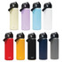 A drink bottle collection featuring a variety of colours, including red, yellow, blue, white, black, grey, purple, and cream, with carry handles.