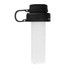 A drink bottle with a clear body and black infuser lid, featuring a built-in strainer for flavour infusion.