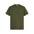 An olive green t-shirt with short sleeves and a round neckline. It features a logo on the label.