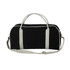 A black duffle bag with white accents and handles, featuring a detachable shoulder strap.