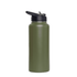 A drink bottle with a sleek dark green finish and a black flip top lid, featuring a logo.